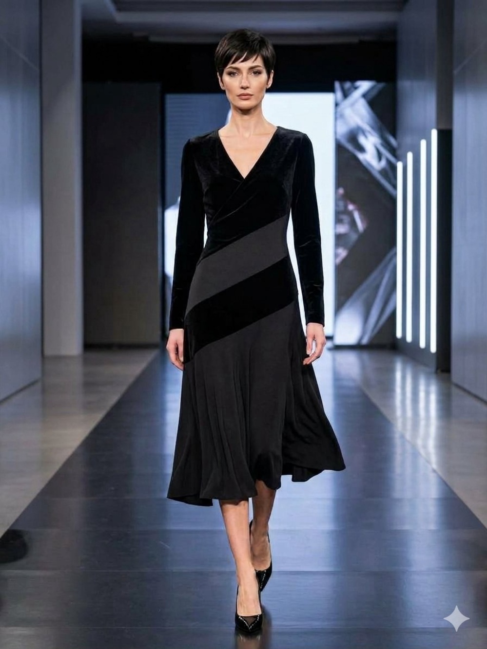 Ralph Lauren Black V-Neck Long-Sleeve Midi Dress